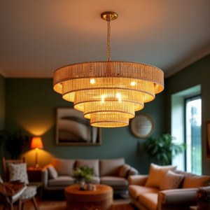 Lámpara Colgante Moderna de Estilo Boho de 24 Pulgadas y 5 Capas de Cuerda de Cáñamo Tejida con Acabado Dorado para Sala de Estar o Comedor - Product Image 2