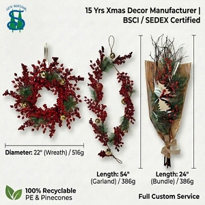 Guirlandes de Noël écologiques en pin et baies, personnalisées, grandes, avec baies rouges et boules dorées, pour la décoration de vitrines de centres commerciaux et de magasins - Product Image 1