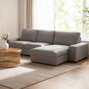 Divano Componibile Tradizionale a 3 Pezzi a Forma di <span class=keywords><strong>L</strong></span> Reclinabile con Rivestimenti Rimovibili in Tessuto Grigio Stile <span class=keywords><strong>Antico</strong></span> Trapuntato Francese per Soggiorno - Product Image 2