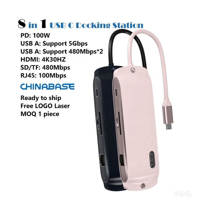 8-in-1 USB C Hub Docking Station Adapter with 4K HDMI 1 USB 2.0 2 USB 3.0 TF/SD Reader Ethernet 100W PD