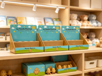 Cadeaux avec logo client, jouets, collations, petit comptoir, boîte de présentation de table