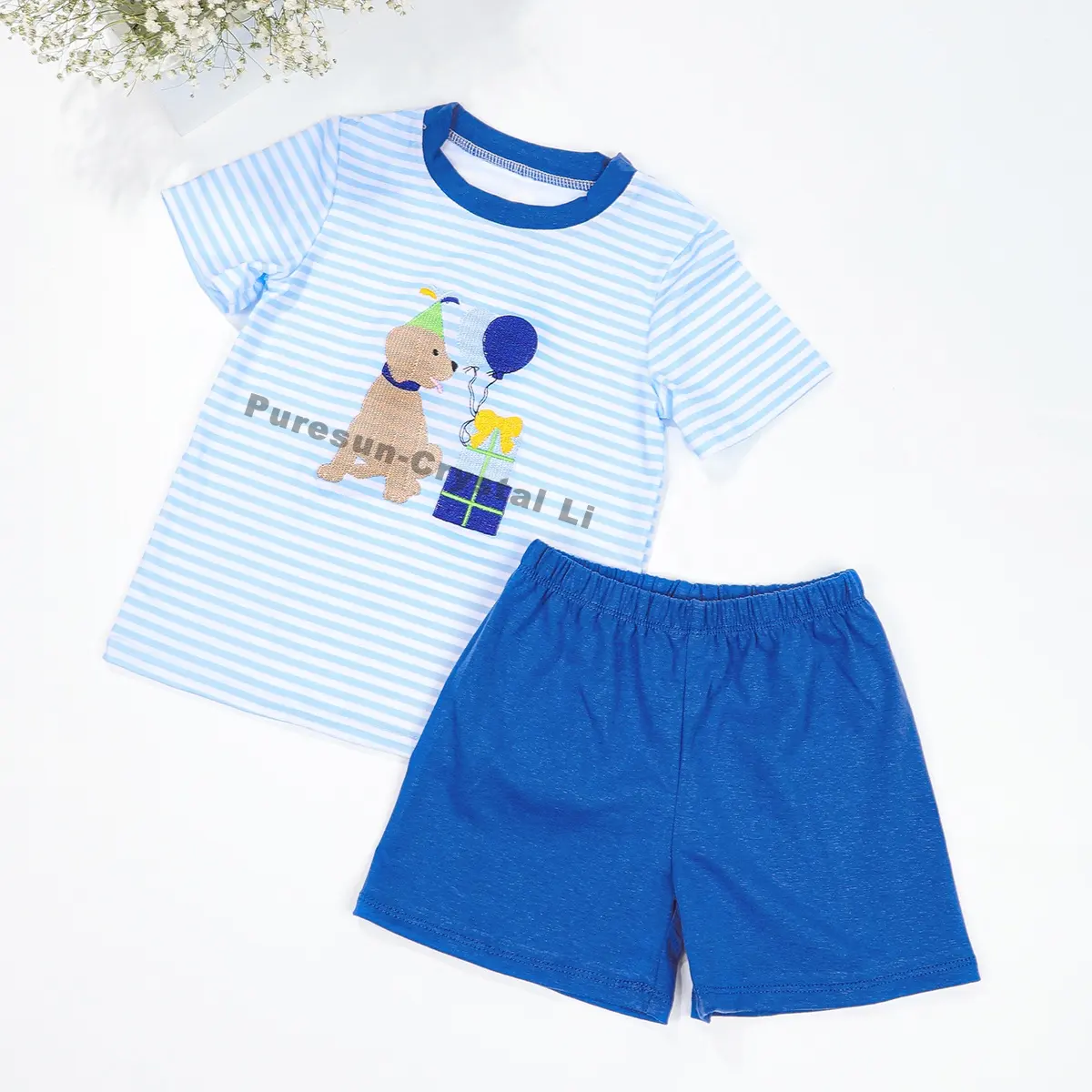 Toptan erkek çocuklar için yavru nakış ile giyim setleri yaz doğum günü kıyafetleri