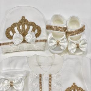 Alta calidad 100% tela de algodón de punto bebé niñas recién nacido 4 piezas conjunto de mameluco de lujo con zapatos de manga larga logotipo personalizado al por mayor - Product Image 3