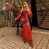 Robe longue en maille à manches longues pour femme, imprimé cheval western et strass, transparente, fendue sur le côté, style bodycon, décontractée, pour cowgirl, vente en gros