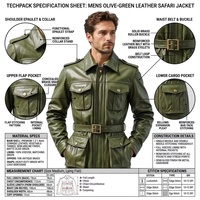 Veste de terrain mi-longue pour homme en cuir de vachette pleine fleur vintage olive, col rabattu, vente en gros OEM d'usine, personnalisable