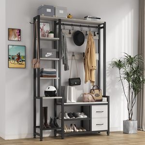 Mueble de recibidor rústico <span class=keywords><strong>blanco</strong></span> con estantes, banco para entrada con almacenamiento de zapatos y <span class=keywords><strong>perchero</strong></span> grande - Product Image 1