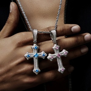 Cross Pendant Necklace With Blue And Pink Zircon Stones Micro Insert Unisex Everyday Wear Geometric Design - Product Image 1