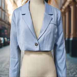 Veste courte élégante pour femme, bleu automne, tissée, imprimée, style rétro, blazer, 100% polyester, respirante - Product Image 2