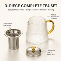Teko Teh Kaca Bergaris Tahan Panas 350ml 500ml 800ml 1000ml Gagang Emas dengan Infuser Pembuat Teh Modern
