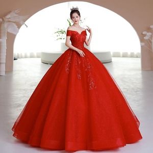 Robe de soirée rouge à épaules dénudées, robe de bal sans manches pour fête de mariage, robe de mariée élégante en tissu polyester - Product Image 3