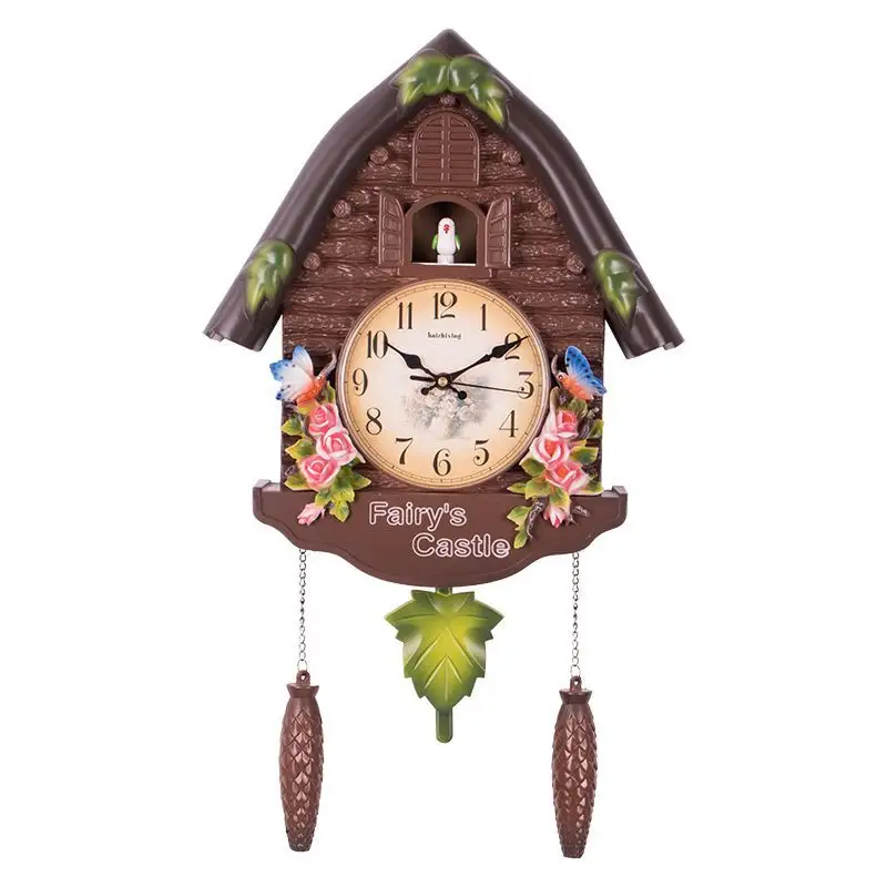 Cuckoo Hourly Singing Pendulum Wall Clock Cute Countryside Garden Flower Children Bedroom Wall Clock Living Room Art Bird Clock