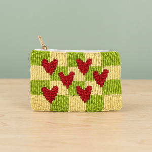 Pochette carrée en toile brodée à motif cœur perlé à la main, vert, jaune, rouge, pour usage quotidien et voyage - Product Image 3