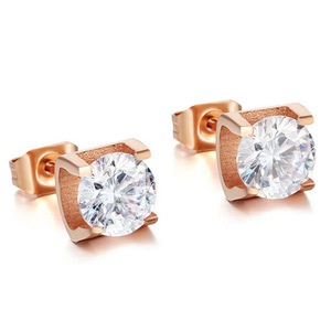 <b>Stud</b> <b>Earrings</b> Rose Gold Steel Round Zircon Claw Setting Geometric Shape Fashion Jewelry - Product Image 1
