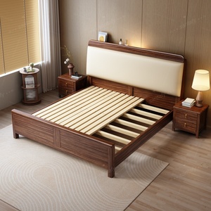 Modern Nordic Eco-Friendly Solid Walnut Wood <b>Bed</b> Frame With High Box Storage <b>Size</b> Lighted Headboard LY2605 Modern Nordic Design - Product Image 3