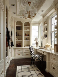 Système de dressing classique <span class=keywords><strong>blanc</strong></span> pour manoir avec vitrine en verre, bureau d'étude personnalisé et armoire de dressing - Product Image 5