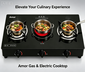 Estufa Híbrida Amor de 3 Quemadores, 2 de Gas + 1 Infrarrojos, Vidrio Templado Negro, Soportes de Hierro Fundido, Compatible con GLP/GN para Cocina Moderna - Product Image 4