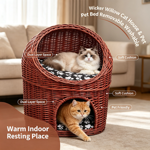 1. Cama para Mascotas de Dos Niveles Tejida en Mimbre Multicolor, Resistente a Mordeduras, con Cojín Lavable, para Todas las Estaciones, para Gatitos y Perros Pequeños - Product Image 1