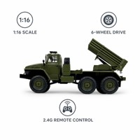 Camion militaire RC à l'échelle 1/16, 6x6, lance-roquettes, télécommande 2,4 GHz, véhicule tout-terrain avec lumières, prêt à rouler, jouet pour enfants