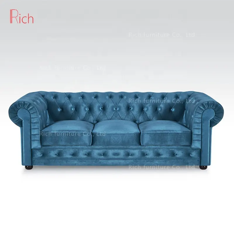 Sofá moderno y clásico, tapizado en terciopelo, azul