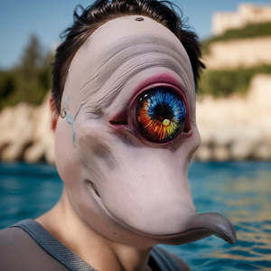 Masque intégral en latex de créature extraterrestre avec pupilles verticales, bec long, expression effrayante, masque de fête d'Halloween, design tendance - Product Image 5
