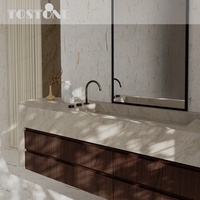 Nouvelle arrivée Tostone : Meuble-lavabo en travertin blanc poli, bois massif naturel, pour salles de bain modernes de villas et maisons contemporaines