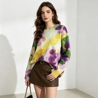 Pull en tricot décontracté à manches longues pour femme, style Y2K, imprimé tie-dye aquarelle, coupe oversize, épaules tombantes, col rond, streetwear