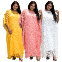 Y104 #   Robes africaines pour femmes, vêtements brodés, maille à fleurs 3D, col rond, manches chauve-souris, robe ample + robe intérieure, ensemble Dashiki