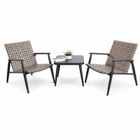 Ensemble bistro moderne d'extérieur 3 pièces avec sangles tressées couleur beige et table en métal noir