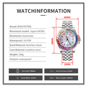 Reloj MINUTETIME Personalizado NH35 con Joyas de Arcoíris, Reloj Submarino Mecánico Automático con Esfera NH35, Resistente al Agua 10 Bar, Reloj de Pulsera de Lujo para Hombre - Product Image 5