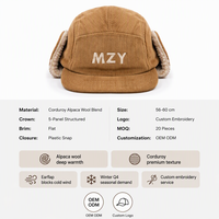 Topi Snapback Musim Dingin Unisex Custom 5 Panel Berbahan Corduroy Alpaca dengan Penutup Telinga