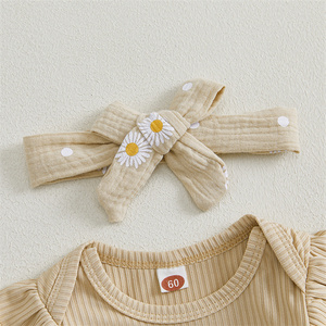 Mùa thu trẻ sơ sinh rắn Gân Dài Tay Áo Romper Daisy quần Headband 3pcs trang phục bé gái quần áo <span class=keywords><strong>Set</strong></span> - Product Image 4