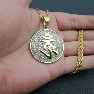 yunnique <b>Titanium</b> Steel Gold Plated Diamond Encrusted Shurangama Mantra Round Pendant Necklace For Gift - Product Image 5