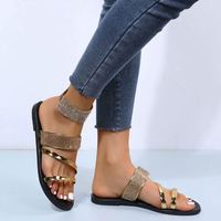 I-0622 Chaussures pour femmes, sandales d'extérieur à pince d'orteil, style coréen, tendance mode, imprimé floral, grandes tailles, mules plates, pour l'été, modèle transfrontalier