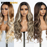 Wig Rambut Sintetis FREEDOM untuk Lace Front, Panjang Bergelombang 30 inci, Model Body Wave Belah Tengah, Lace Transparan, Warna Pirang Merah Biru Coklat, untuk Cosplay