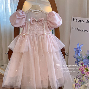 Exquisito Vestido de Princesa para Niñas con Mangas Abullonadas Decoradas con Lazo, Vestido de Tul con Estrellas Brillantes para Fiesta de Cumpleaños, Boda, Ocasión Formal - Product Image 3