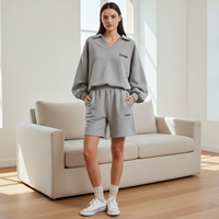 Ensemble de survêtement 2 pièces pour femme : Sweat-shirt polo court à col contrastant et col en V, pantalon de survêtement large, couleur anthracite, vente en gros