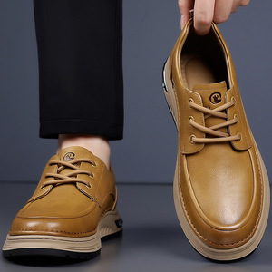 Chaussures décontractées en cuir pour hommes, bout rond, talon bas, respirantes, couleur unie, cuir de vache, doublure en maille, semelle extérieure en caoutchouc - Product Image 2