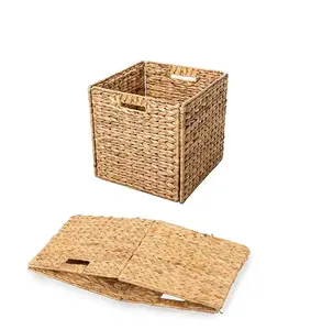 Square woven Foldable Natural Water Hyacinth Seagrass Shelf Basket Laundry Collapsible Wicker Cube Boxes