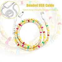 Câble de charge USB 2-en-1 universel pour téléphone portable, style bohème, avec perles ovales longues gravées et colorées, pour synchronisation des données