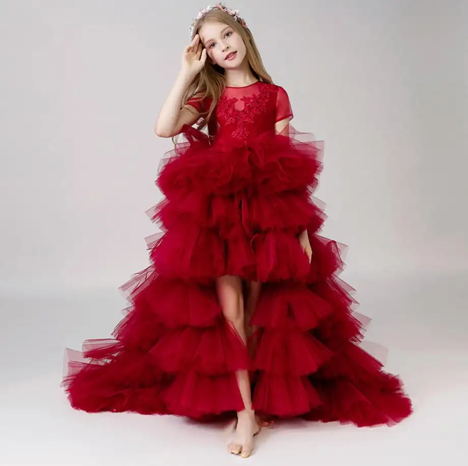 red flower girls dresses 4-14 years little girls tulle party dresses long kids prom dresses