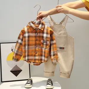 Enfants Enfants Vêtements Garçons Survêtement Tenue Ensembles Y Compris Chemise À Rayures Et Combinaison De Couleur Unie