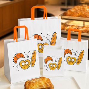 Sacs en papier blancs personnalisés avec logo, poignées plates orange, pour boulangerie, pain, gâteaux, emballage à emporter, sacs de courses recyclables - Product Image 1