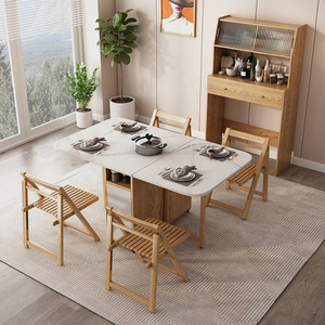 Tavolo da Pranzo Pieghevole con Piano Effetto Marmo, Struttura in Legno e Mobile Contenitore per <span class=keywords><strong>Cucina</strong></span> e Soggiorno di Piccoli Appartamenti - Product Image 2