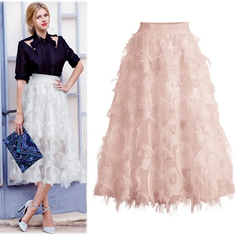 Wholesale Women Fashion High Quality Long Solid Lace Irregular Pleated Skirt Ruffle Tulle Skirt