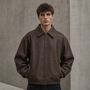 Blouson Bomber Ample et Décontracté Marron en Similicuir à Col Rabattu Entièrement Zippé, Manches Longues, Style Vintage - Product Image 5
