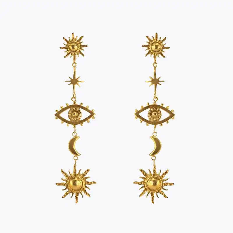 Gold Plated Eye Pendant Earrings Bohemia Sun Star Moon Tassel Charm Earrings For Women