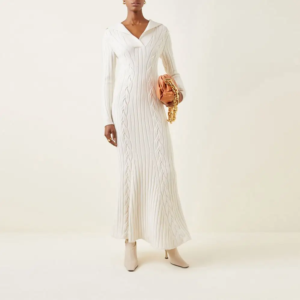 OUTENG Cable-Knit Wool Midi Dress Fashion Knitting Dresses Long Lady Elegant Girls Casual Womens Sweater Dress