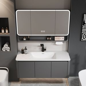 Meuble de salle de bain simple en bois massif avec finition peinture résistante à l'eau, vasque intégrée et miroir intelligent - Product Image 1