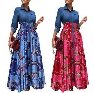 <span class=keywords><strong>Vestido</strong></span> Maxi Casual Largo de Primavera para Mujer, con Cuello Vaquero Elegante, Patrones Vintage de Retazos, Cintura Alta, Estilo Swing y Talla Grande - Product Image 2