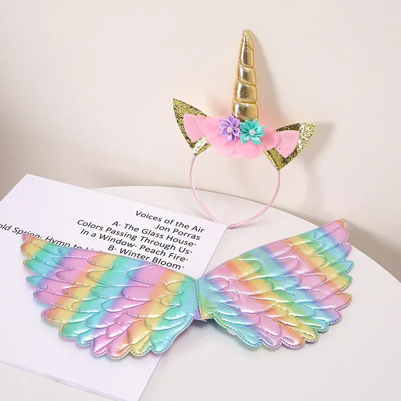 AOQI Custom Wholesale Colorful Angel Wings and Unicorn Glitter Hairband Set Girls Birthday Party Hair and Dress Accessories